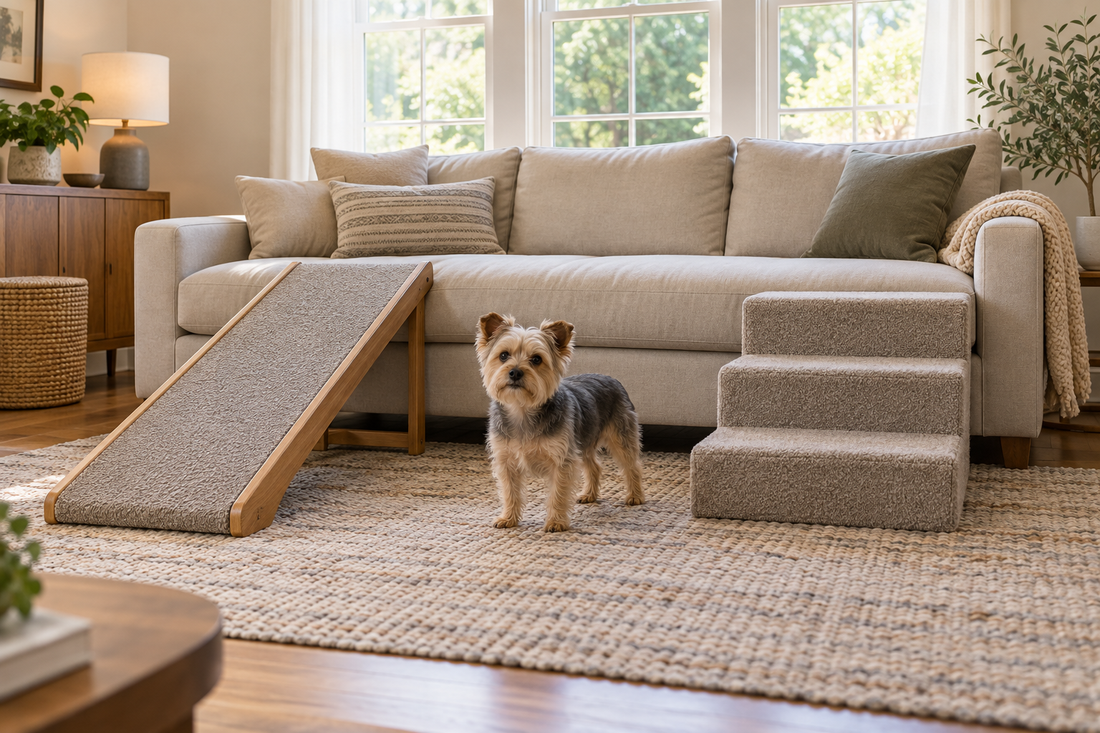 Small dog beside a carpeted ramp and pet stairs leading to a low sofa