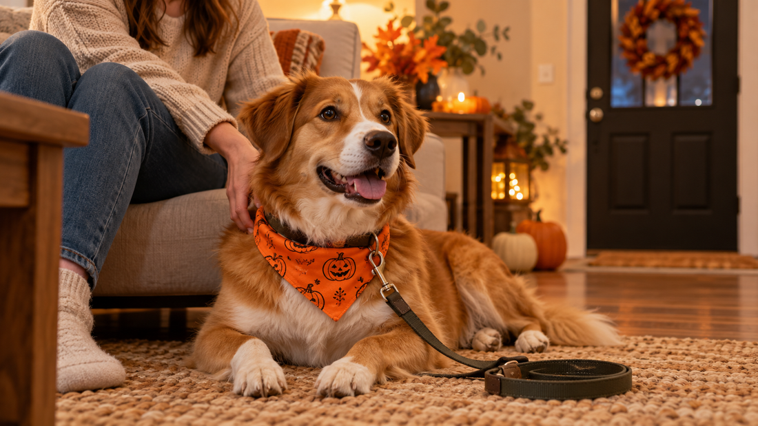 Calm dog wearing an orange bandana beside its owner in a safe Halloween-decorated living room