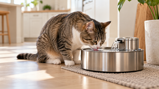 Tabby cat drinking fresh water from a stainless steel pet fountain in a bright home