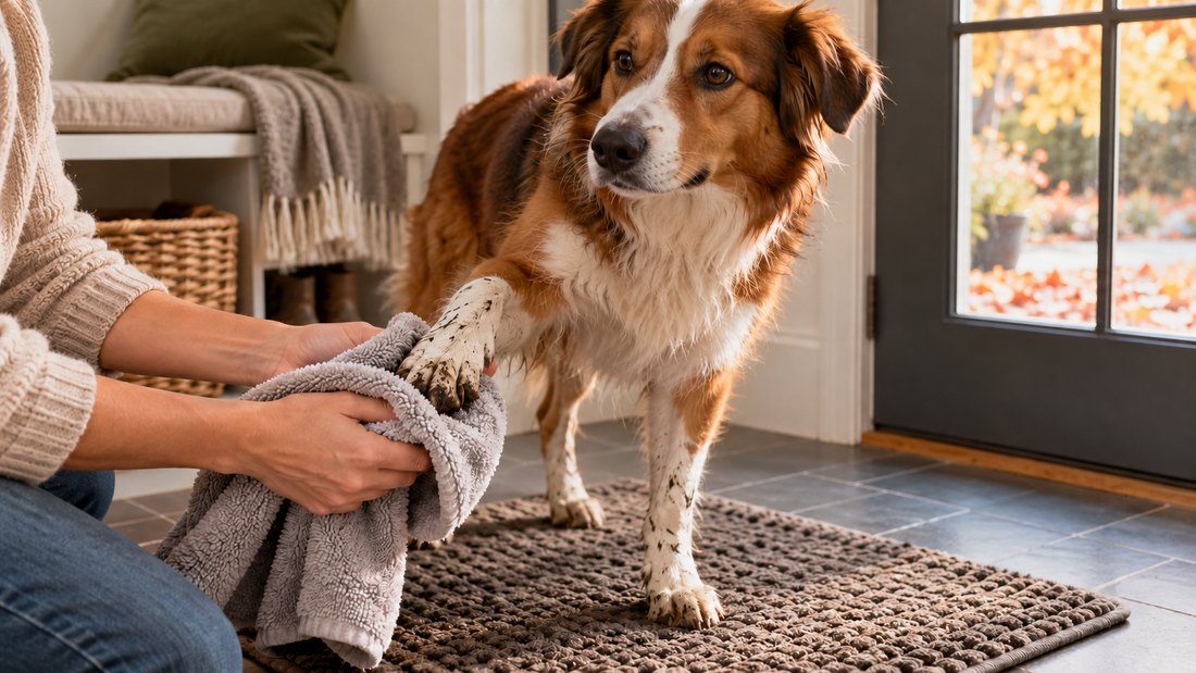 Dog owner drying a muddy dog paw with a towel after an autumn walk
