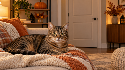 Tabby cat resting safely in a quiet indoor room with subtle Halloween decor