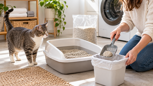 Cat beside a clean litter box while its owner scoops the litter