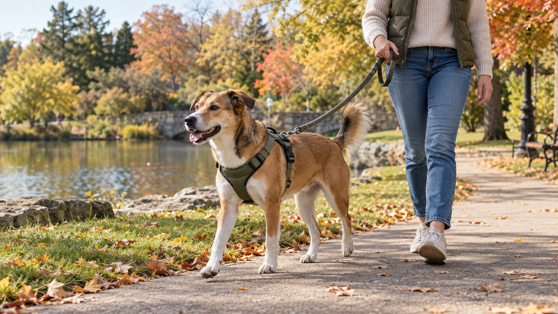 Dog wearing a properly fitted walking harness on an autumn park path