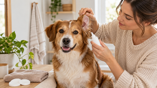 Calm dog having its ear checked during a gentle at-home ear cleaning routine