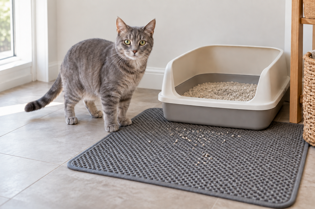 Gray cat beside an open litter box with a large litter-catching mat