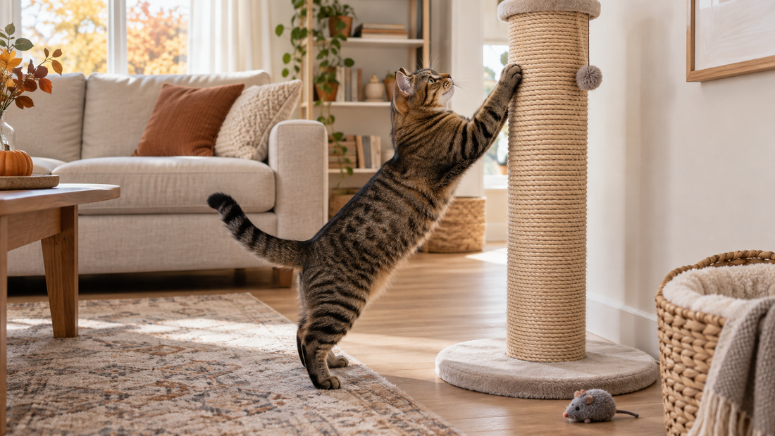 Tabby cat using a tall sisal scratching post in a warm living room