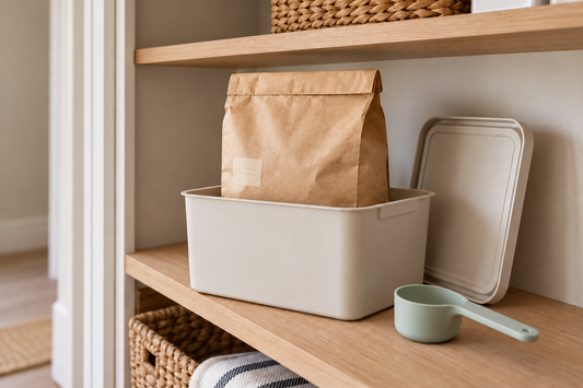 Closed pet food bag inside a clean storage bin on a pantry shelf