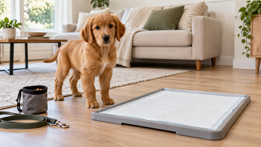 Golden retriever puppy beside a clean training pad in a bright living room