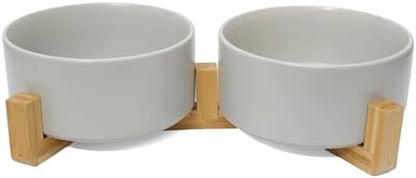 Dog Food Bowl Set, 13.5 oz Ceramic Bowls with Wood Stand, Grey by OniAnt