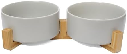 Dog Food Bowl Set, 13.5 oz Ceramic Bowls with Wood Stand, Grey by OniAnt