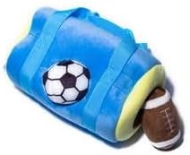 Glow Pups Dog Toy Sports Bag Hide and Seek Interactive Dog Toy with 6 Plush Squeaky Balls, Crinkle 10 Inches Long, Soft Plush, Blue and Yellow Sports Bag with Basketball, Soccer and Football