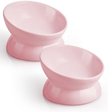 LoeJan Elevated Cat Food Bowl, 5 Oz Ceramic Raised and Tilted Water Bowl, Anti Vomiting and Protect Pets' Spines Dishes for Small Dog, Fat Faced Cat, Kitten (Pink, 2 Pack) by LoeJan