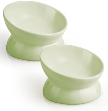 LoeJan Elevated Cat Food Bowl, 5 Oz Ceramic Raised and Tilted Water Bowl, Anti Vomiting and Protect Pets' Spines Dishes for Small Dog, Fat Faced Cat, Kitten (Green, 2 Pack) by LoeJan