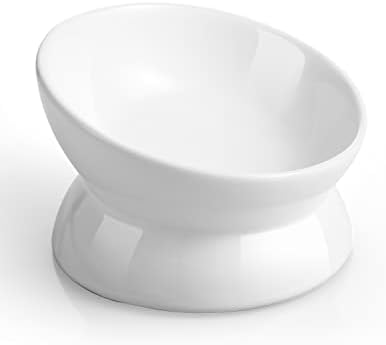 LoeJan Elevated Cat Food Bowl, 5 Oz Ceramic Raised and Tilted Water Bowl, Anti Vomiting and Protect Pets' Spines Dishes for Small Dog, Fat Faced Cat, Kitten (White, 1 Pack) by LoeJan