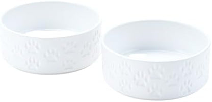 SPUNKYJUNKY Ceramic Dog Bowls 2 Pack, 7.3'' Dog Food Water Double Feeding Bowls Non-Slip for Medium to Large Sized Breed Microwave Dishwasher Safe - 42 OZ, 2pcs, Paw White by SPUNKYJUNKY