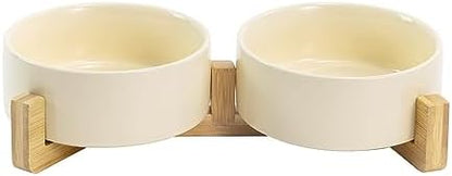 SPUNKYJUNKY Ceramic Dog and Cat Bowl Set with Wooden Stand, Modern Cute Weighted Food Water Set for Small Size Dogs (13.5OZ) & Medium Sized Dogs (28.7OZ) & Cats (1.7 Cups, 2 × Beige) by SPUNKYJUNKY