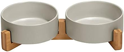 SPUNKYJUNKY Ceramic Dog and Cat Bowl with Wood Stand Non-Slip Matte Glaze Weighted Food Water Set for Cats &Small Dogs 13.5OZ by SPUNKYJUNKY