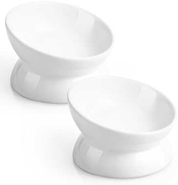 LoeJan Elevated Cat Food Bowl, 5 Oz Ceramic Raised and Tilted Water Bowl, Anti Vomiting and Protect Pets' Spines Dishes for Small Dog, Fat Faced Cat, Kitten (White, 2 Pack) by LoeJan