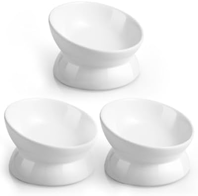 LoeJan Elevated Cat Food Bowl, 5 Oz Ceramic Raised and Tilted Water Bowl, Anti Vomiting and Protect Pets' Spines Dishes for Small Dog, Fat Faced Cat, Kitten (White, 3 Pack) by LoeJan