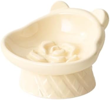 Winnie The Pooh Series Ceramic Slow Feeder Cat Bowl, Raised Anti-Gulping Design with Bear Ears, Pastel Colors, Quilted Pattern Base (Creamy Yellow) by LeServeta