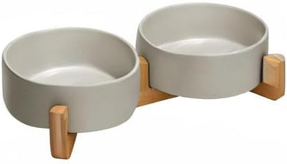SPUNKYJUNKY Ceramic Dog and Cat Bowl with Wood Stand Non-Slip Matte Glaze Weighted Food Water Set for Cats &Small Dogs 13.5OZ