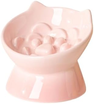 Macarons Series Ceramic Slow Feeder Cat Bowl, Raised Puzzle Feeder, Anti Vomiting Cat Slow Feeding, Elevated Food Bowl, Whisker Friendly Pet Bowl with Cute Ear Design (Gradient Pink) by LeServeta
