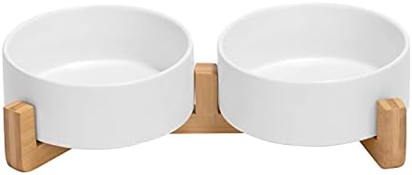 SPUNKYJUNKY Ceramic Dog and Cat Bowl with Wood Stand Non-Slip Matte Glaze Weighted Food Water Set for Cats &Small Dogs 13.5 OZ by SPUNKYJUNKY