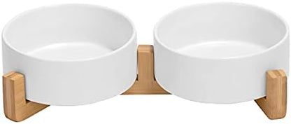 SPUNKYJUNKY Ceramic Dog and Cat Bowl with Wood Stand Non-Slip Matte Glaze Weighted Food Water Set for Cats &Small Dogs 13.5 OZ by SPUNKYJUNKY