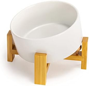 SPUNKYJUNKY 15° Slanted Ceramic Dog and Cat Bowl with Wooden Stand, Tilted Bulldog Food and Water Bowl No Slip Non-Spill for Cats Medium Dogs Big Face Pets 28.7 OZ (3.6 Cups, White) by SPUNKYJUNKY
