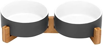 SPUNKYJUNKY Ceramic Dog and Cat Bowl Set with Wooden Stand, Modern Cute Weighted Food Water Set for Small Size Dogs (13.5OZ) & Medium Sized Dogs (28.7OZ) & Cats (1.7 Cups, 2 × White-Gray) by SPUNKYJUNKY
