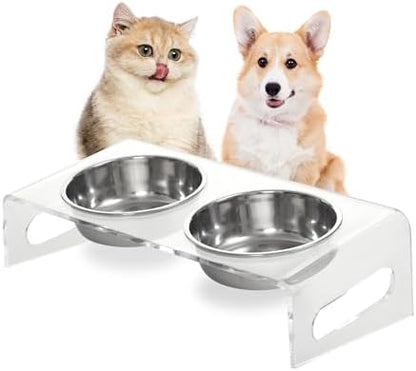 Tilted Raised Elevated Food and Water Bowls Stand for Cat or Small Dogs - Puppy's Clear Acrylic Stainless Steel Dishes Holder for Boy or Girl Pet,Modern,Durable and Easy to Clean by WBhonghui (Clear) by WBHONGHUI