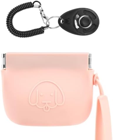 WALLFID Silicone Dog Treat Pouch, Auto Closure, with Pet Training Clicker, Walking Bag for Dog and Cat, Pocket Size, Easy to Clean, Odorless, Travel Bag (Pink) by WALLFID
