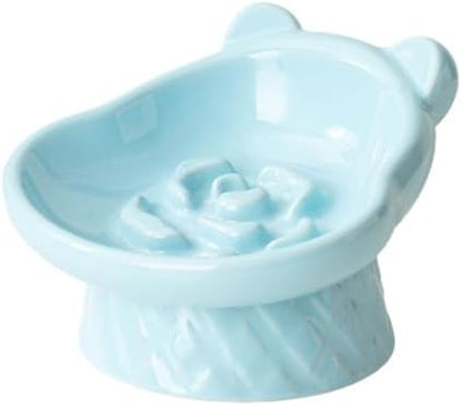 Winnie The Pooh Series Ceramic Slow Feeder Cat Bowl, Raised Anti-Gulping Design with Bear Ears, Pastel Colors, Quilted Pattern Base (Blue) by LeServeta