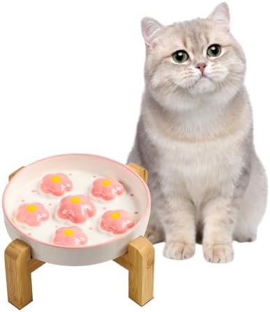 Elevated Ceramic Slow Feeder Cat Bowl with Anti-Slip Bamboo Stand by PTOBER