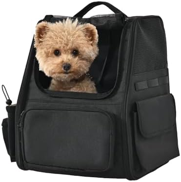 Amazon Basics Pet Backpack for Cats & Small Dogs, Collapsible Travel Carrier with Ventilated Mesh, Removable Pad, and Safety Leash, Black by AmazonBasics