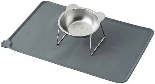 Elevated Cat Bowl with Food Mat - 15°Tilted Stand Raised Cat Bowl, Stainless Steel Whisker Friendly Anti Vomiting Food Water Dishes, Silicone Feeding Mat for Cats Puppy Kitten Small Dog by Unknown