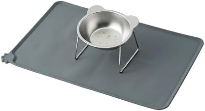 Elevated Cat Bowl with Food Mat - 15°Tilted Stand Raised Cat Bowl, Stainless Steel Whisker Friendly Anti Vomiting Food Water Dishes, Silicone Feeding Mat for Cats Puppy Kitten Small Dog by Unknown