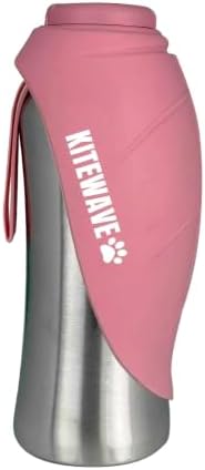 Kitewave Portable Dog Water Bottle, 27 oz Stainless Steel Pet Water Bottle with Flip-Up Leaf Bowl, Leakproof One-Press Dispenser for Walking, Hiking & Travel, BPA-Free, All Dog Breeds (Pink) by Kitewave