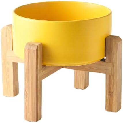 6'' Ceramic Raised Dog Bowl - 30Oz Dog Food & Water Bowl with Elevated Non-Slip Bamboo Stand, Dishwasher & Microwave Safe, Anti Vomiting Heavy Duty Pet Bowl for Small and Medium Dogs, Yellow by Welloyed