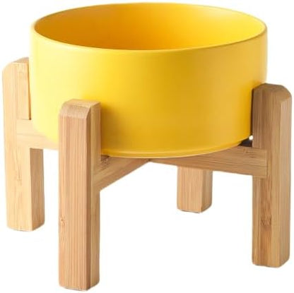 6'' Ceramic Raised Dog Bowl - 30Oz Dog Food & Water Bowl with Elevated Non-Slip Bamboo Stand, Dishwasher & Microwave Safe, Anti Vomiting Heavy Duty Pet Bowl for Small and Medium Dogs, Yellow by Welloyed