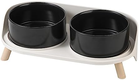 Elevated Ceramic Dog Bowl Set - Double Dog Feeding Bowls with Stand Splash Proof - Raised Dishes for Food and Water - Ideal for Small to Medium Dogs - 2 x 720 ml - 11.3 oz - Black by AHX