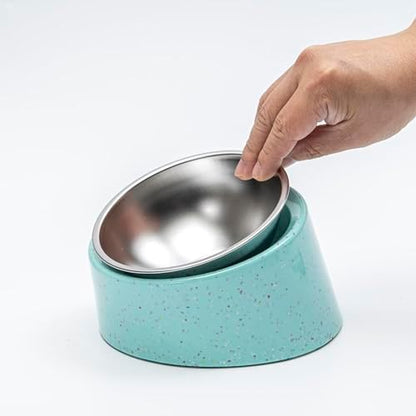 bzyoo 16oz Tilted Dog Bowl for Small Dogs & Cats, 15° Elevated Stainless Steel Pet Feeder, Ergonomic Anti-Vomiting Food Bowl for Frenchie, Pug, Persian Cat, Non-Skid Melamine Stand, Sprinkle (Green) by bzyoo