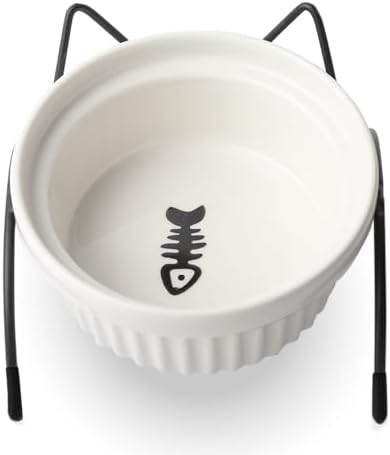 Elevated Ceramic Cat Bowl with Metal Stand – Non-Slip White Pet Food Tray with Herringbone Design Helps Reduce Neck Strain for Small and Medium Cats and Dogs by AdoPet