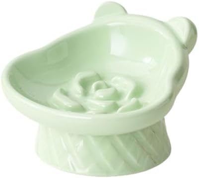 Winnie The Pooh Series Ceramic Slow Feeder Cat Bowl, Raised Anti-Gulping Design with Bear Ears, Pastel Colors, Quilted Pattern Base (Green) by LeServeta