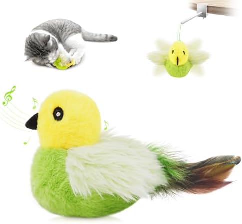 Migipaws Cat Toys,Interactive Lifelike Amakihi Flying Flapping Bird with Catnip, Feathers Hanging by Elastic String, Automatic Chirping Kitten Toys for Indoor Cats Self Play, Rechargeable(Green) by MigipawsCreateMoreEnjoymenttoPetsandFamily