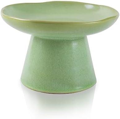 Wide Shallow 6.1" Raised Cat Bowls, Ceramic Elevated Food Bowl for Flat Faced Cats and Small Dogs, Porcelain Feeder Bowl, Stress Free, Protect Cat’s Spine, Green by Careforyourbelovedfurbaby