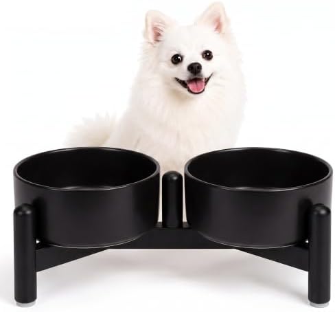 Raised Ceramic Dog Bowl Set with Stand, 1.6 Cups Elevated Dog Food Stand by PTOBER