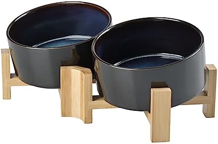 SPUNKYJUNKY 15° Slanted Ceramic Dog and Cat Bowl with Wooden Stand, Tilted Bulldog Food and Water Bowl No Slip Non-Spill for Cats Medium Dogs Big Face Pets 28.7 OZ (3.6 Cups, Starry Blue × 2) by SPUNKYJUNKY