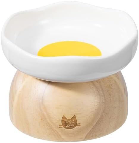 The Cat Ladies Egg Cat Food Bowl - Cute Cats Bowl - Elevated Ceramic Food Bowls - Ceramic Raised Food Bowls - Elevated for Spinal Alignment - Prevents Whisker Fatigue - Wood StandCat Bowl by TheCatLadies