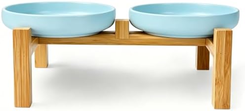 Shallow Elevated Cat Bowls with Bamboo Stand, 6.1 Inch Wide Ceramic Cat Dish Whisker Friendly, 2 Pack Pet Food and Water Plates by Lfpkixise
